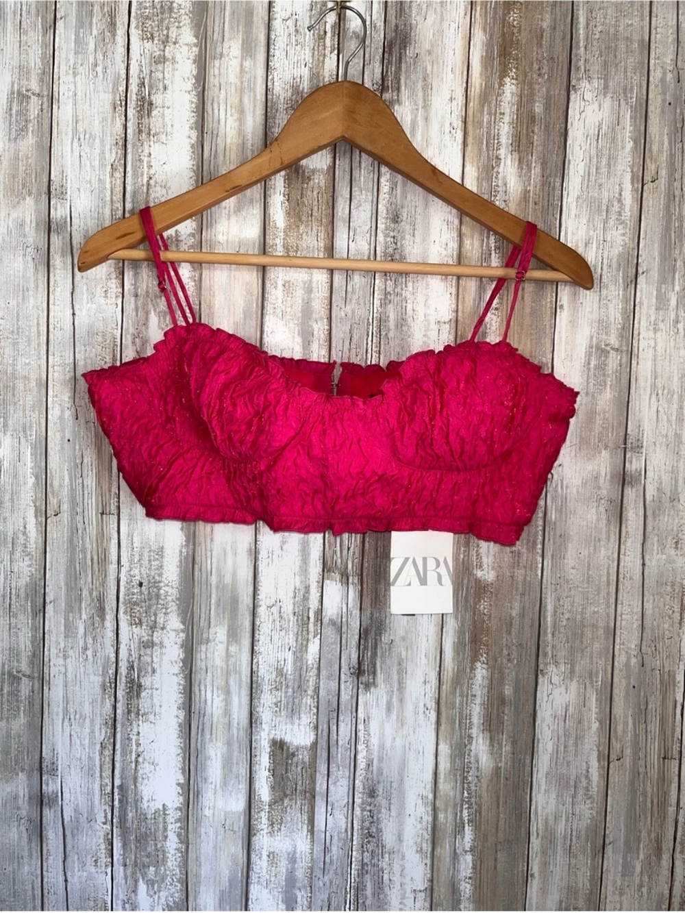 Zara Fuchsia Textured Bustier Crop Top NWT Large Ruched Bralette Party - Picture 2 of 7